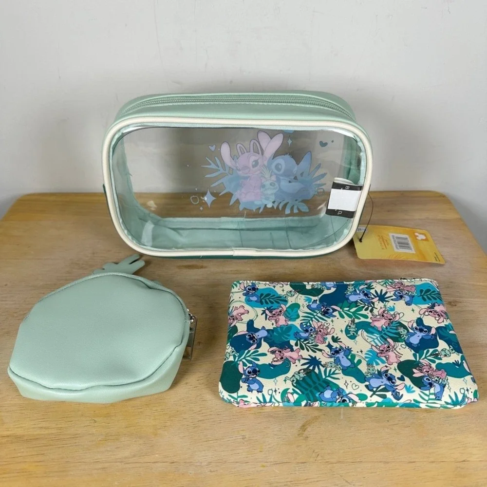Disney 3 Piece Cosmetic Toiletry Travel‎ Bag Set Stitch Angel Scrump Pouch NWT